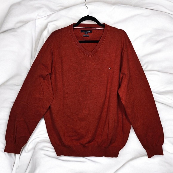 Tommy Hilfiger XXL V-Neck Sweater Mens Premium Cotton Rust Brown Knit - Picture 1 of 9